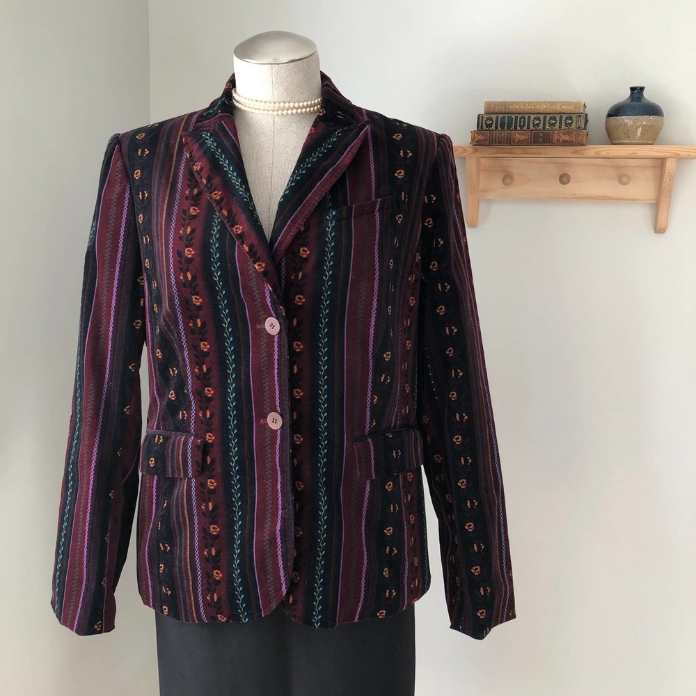 vintage velvet blazer boho floral stripe 10 purple Grace Elements trim jacket L